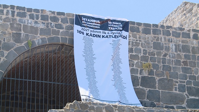 Pankarta navên 106 jinên ku di 4 mehên 2021ê de hatine kuştin